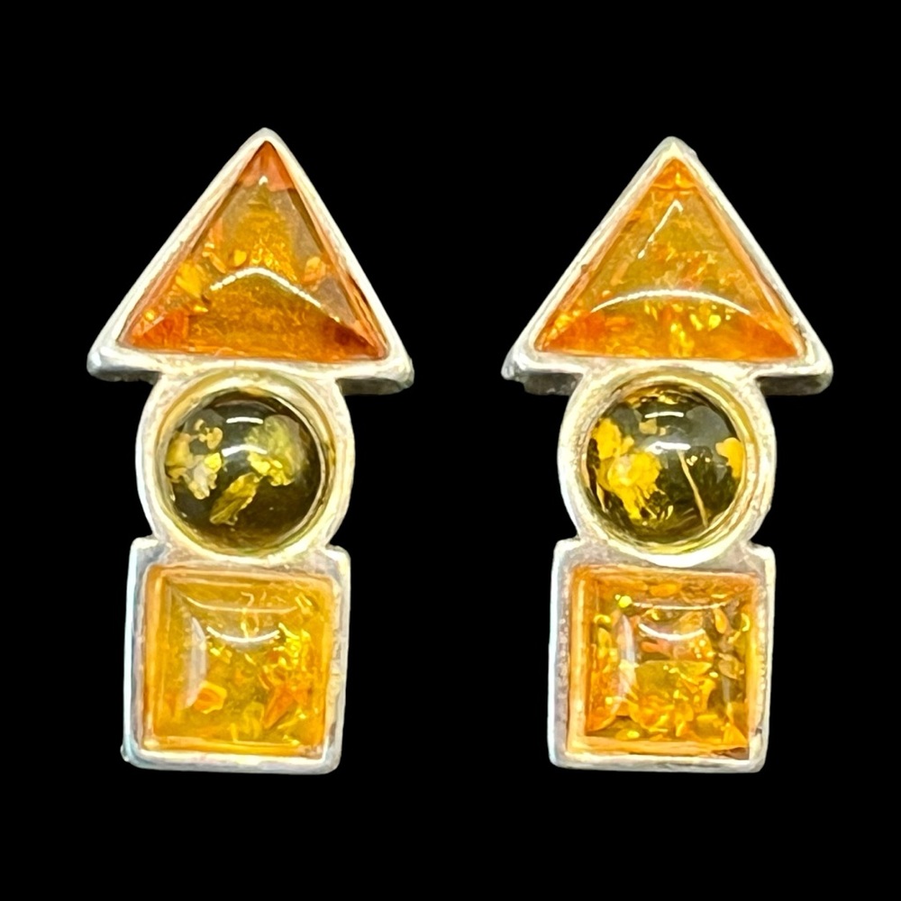 Vintage 925 Sterling Silver Amber Cabochon Drop Pierced Post Earrings 1" L